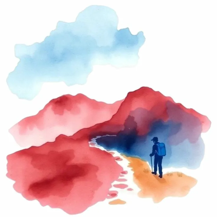 Aquarelle représentant un marcheur contemplant son chemin